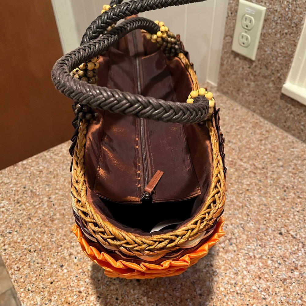Chico’s Handcrafted Brown and Orange Zippered Woven Tote 10” x 18” - Picture 10 of 10